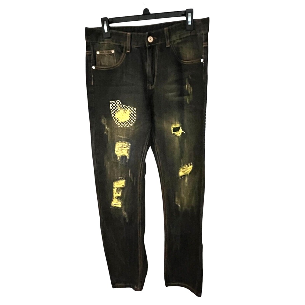 Fashion Men's Denim Y2K  90's Grunge Embroidered Jeans 33 Waist 32" Inseam‎ 30"